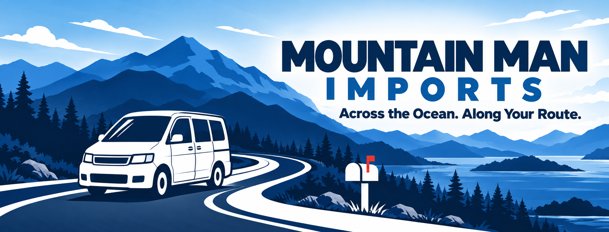 Mountain Man Imports: Japanese van on a mountain road beside a mailbox